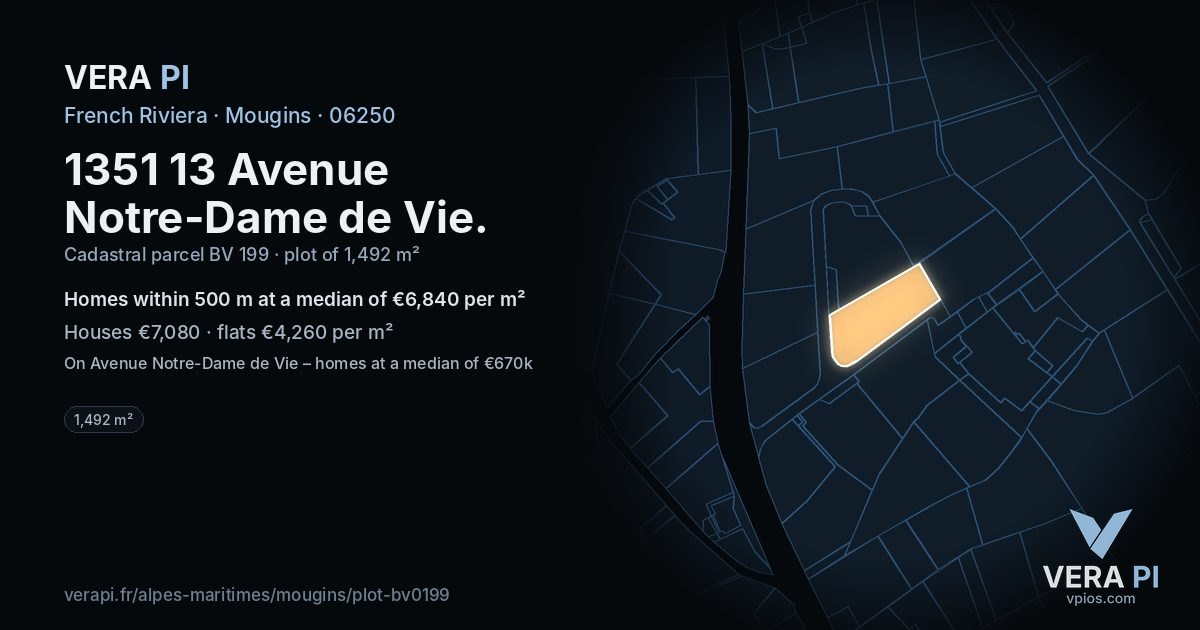 1351 13 Avenue Notre-Dame de Vie, Mougins at night – the plot lit, the parcels around coloured by the prices near them