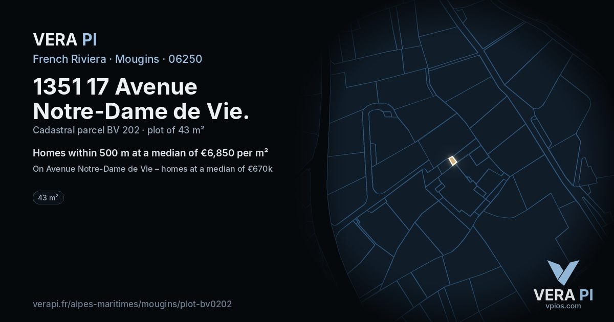 1351 17 Avenue Notre-Dame de Vie, Mougins at night – the plot lit, the parcels around coloured by the prices near them