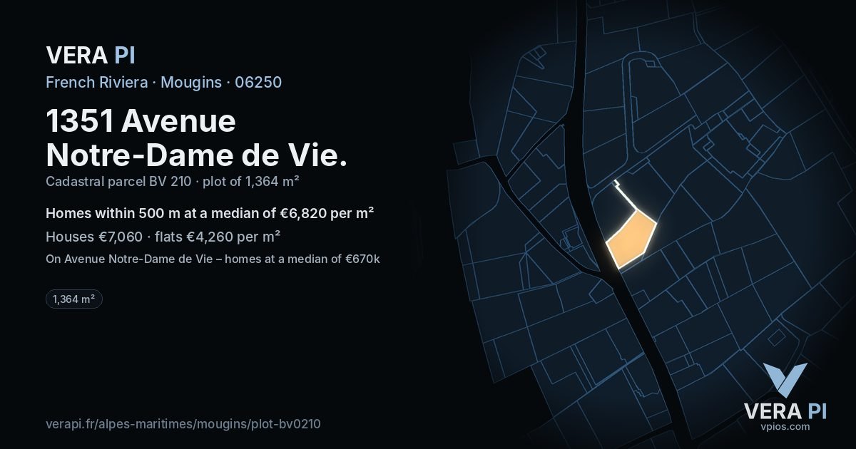 1351 Avenue Notre-Dame de Vie, Mougins at night – the plot lit, the parcels around coloured by the prices near them
