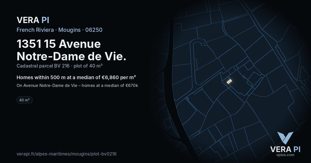 1351 15 Avenue Notre-Dame de Vie, Mougins at night – the plot lit, the parcels around coloured by the prices near them