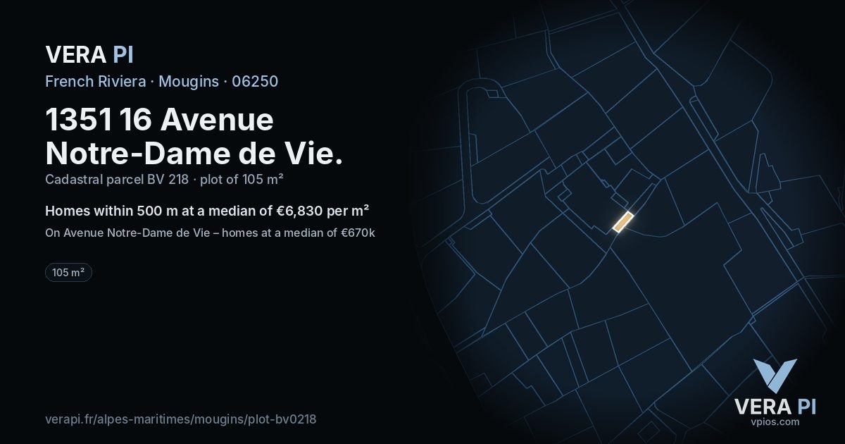 1351 16 Avenue Notre-Dame de Vie, Mougins at night – the plot lit, the parcels around coloured by the prices near them