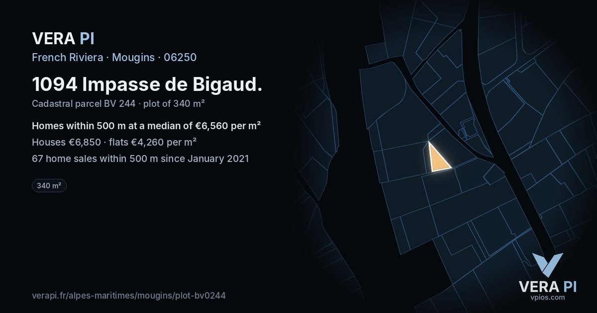 1094 Impasse de Bigaud, Mougins at night – the plot lit, the parcels around coloured by the prices near them