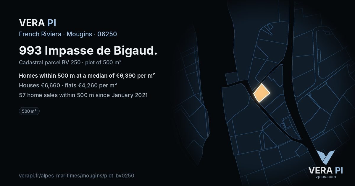 993 Impasse de Bigaud, Mougins at night – the plot lit, the parcels around coloured by the prices near them