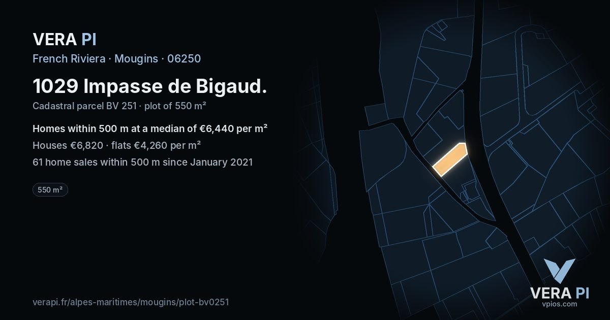 1029 Impasse de Bigaud, Mougins at night – the plot lit, the parcels around coloured by the prices near them