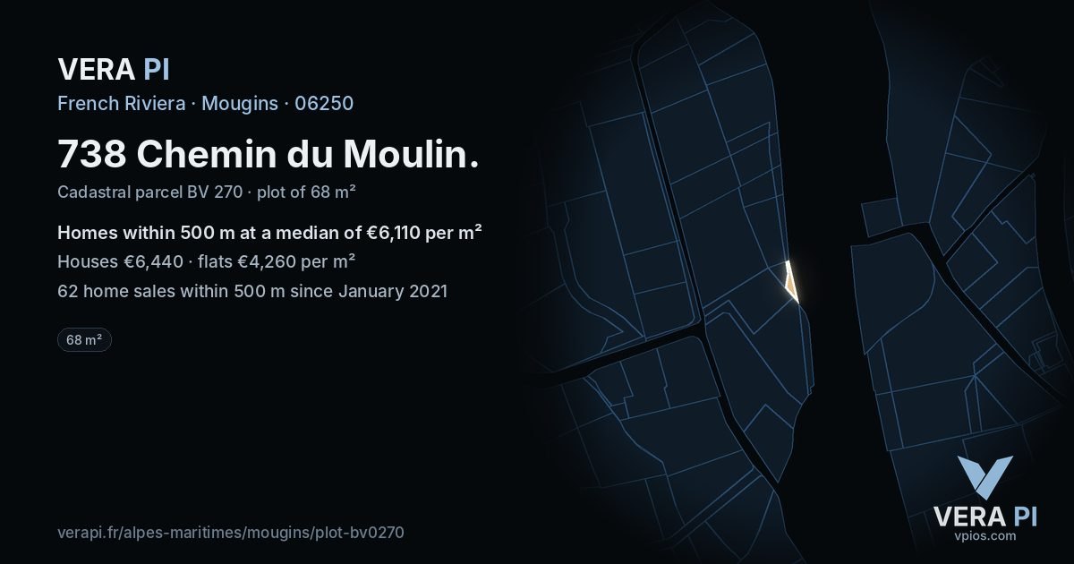 738 Chemin du Moulin, Mougins at night – the plot lit, the parcels around coloured by the prices near them
