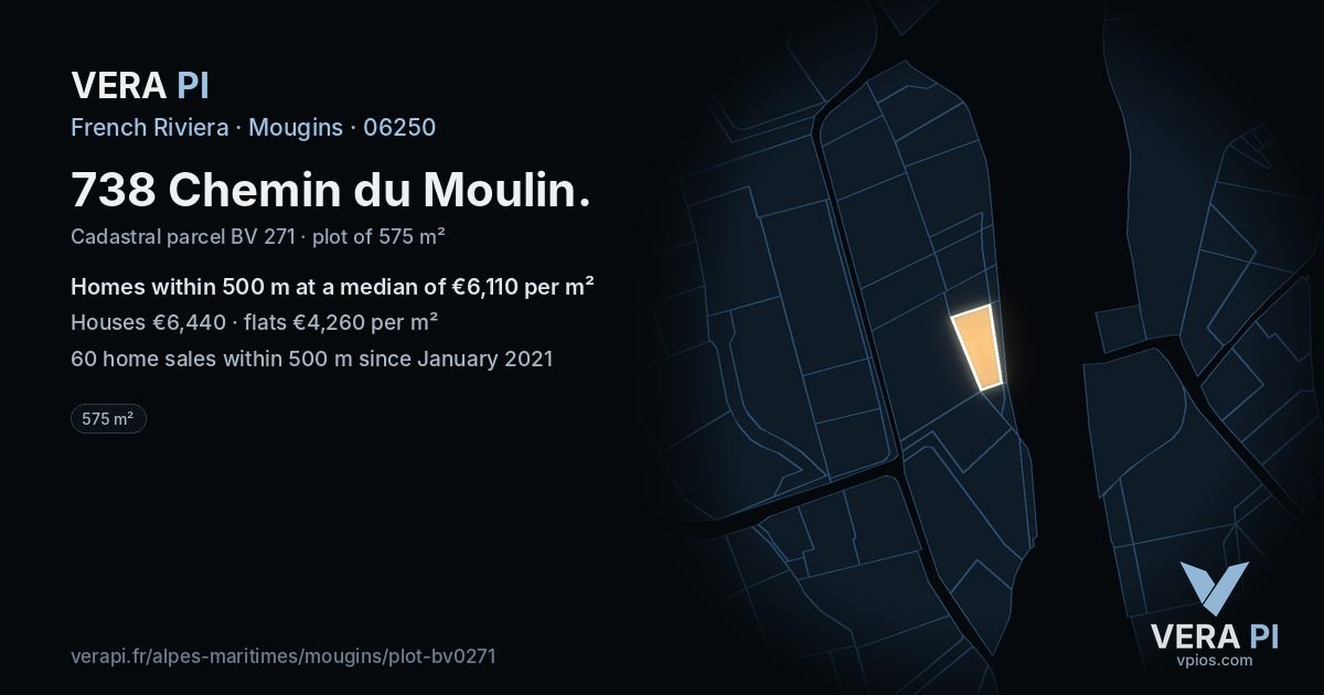 738 Chemin du Moulin, Mougins at night – the plot lit, the parcels around coloured by the prices near them