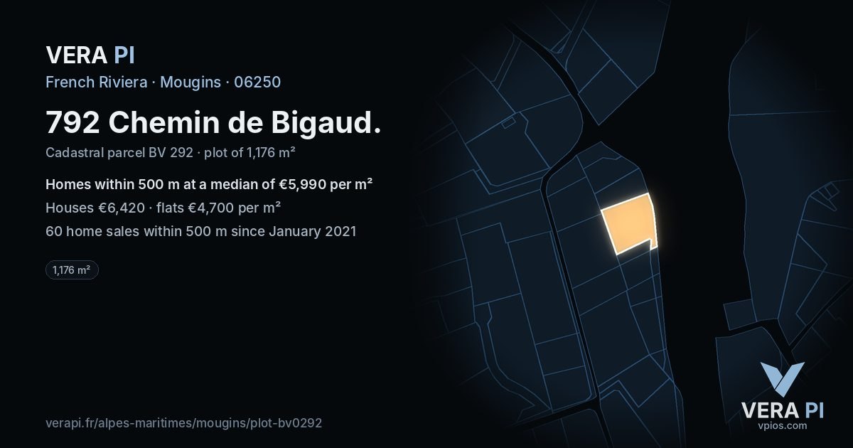 792 Chemin de Bigaud, Mougins at night – the plot lit, the parcels around coloured by the prices near them