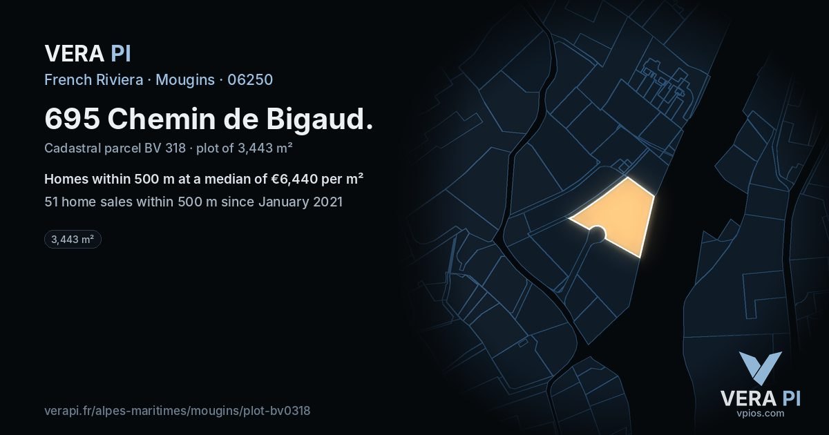 695 Chemin de Bigaud, Mougins at night – the plot lit, the parcels around coloured by the prices near them