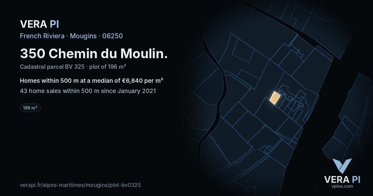 350 Chemin du Moulin, Mougins at night – the plot lit, the parcels around coloured by the prices near them