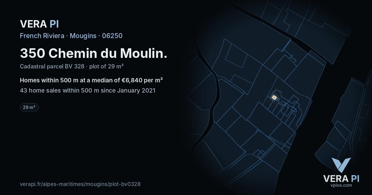 350 Chemin du Moulin, Mougins at night – the plot lit, the parcels around coloured by the prices near them