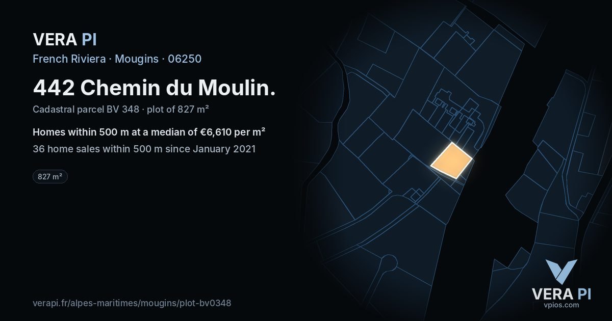 442 Chemin du Moulin, Mougins at night – the plot lit, the parcels around coloured by the prices near them