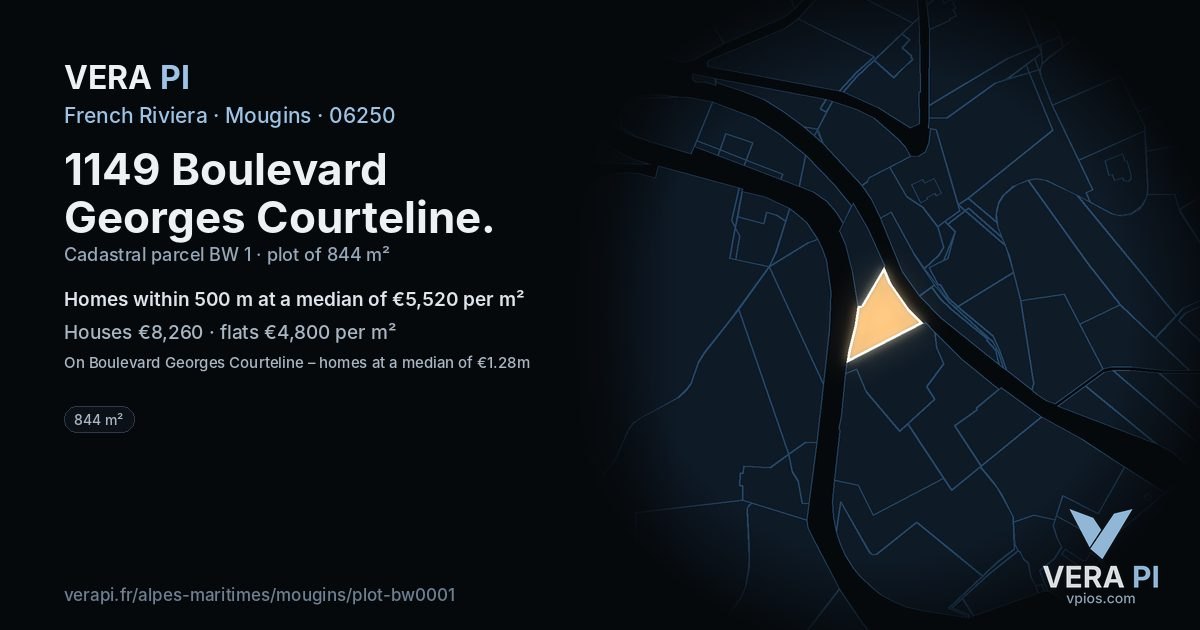 1149 Boulevard Georges Courteline, Mougins at night – the plot lit, the parcels around coloured by the prices near them