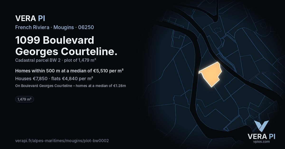 1099 Boulevard Georges Courteline, Mougins at night – the plot lit, the parcels around coloured by the prices near them