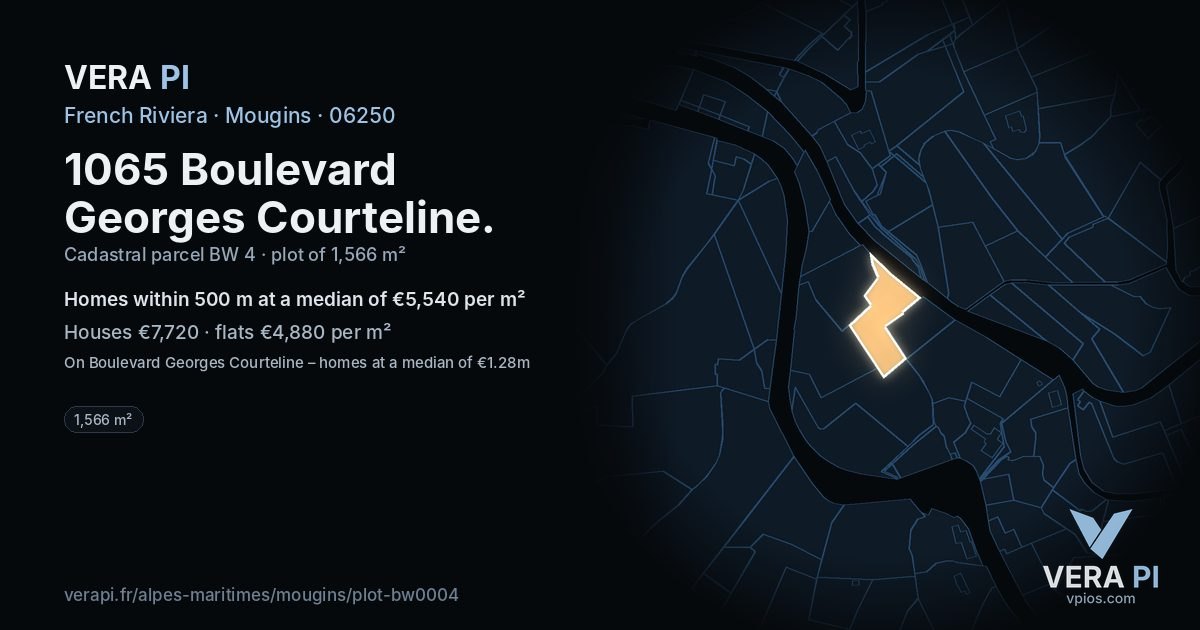 1065 Boulevard Georges Courteline, Mougins at night – the plot lit, the parcels around coloured by the prices near them