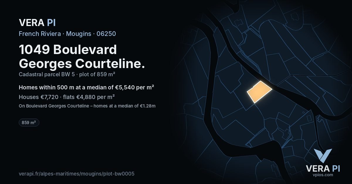 1049 Boulevard Georges Courteline, Mougins at night – the plot lit, the parcels around coloured by the prices near them
