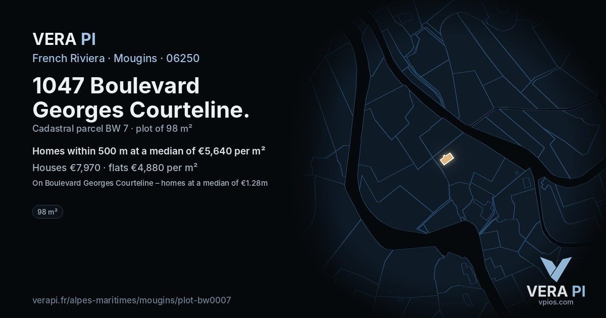 1047 Boulevard Georges Courteline, Mougins at night – the plot lit, the parcels around coloured by the prices near them