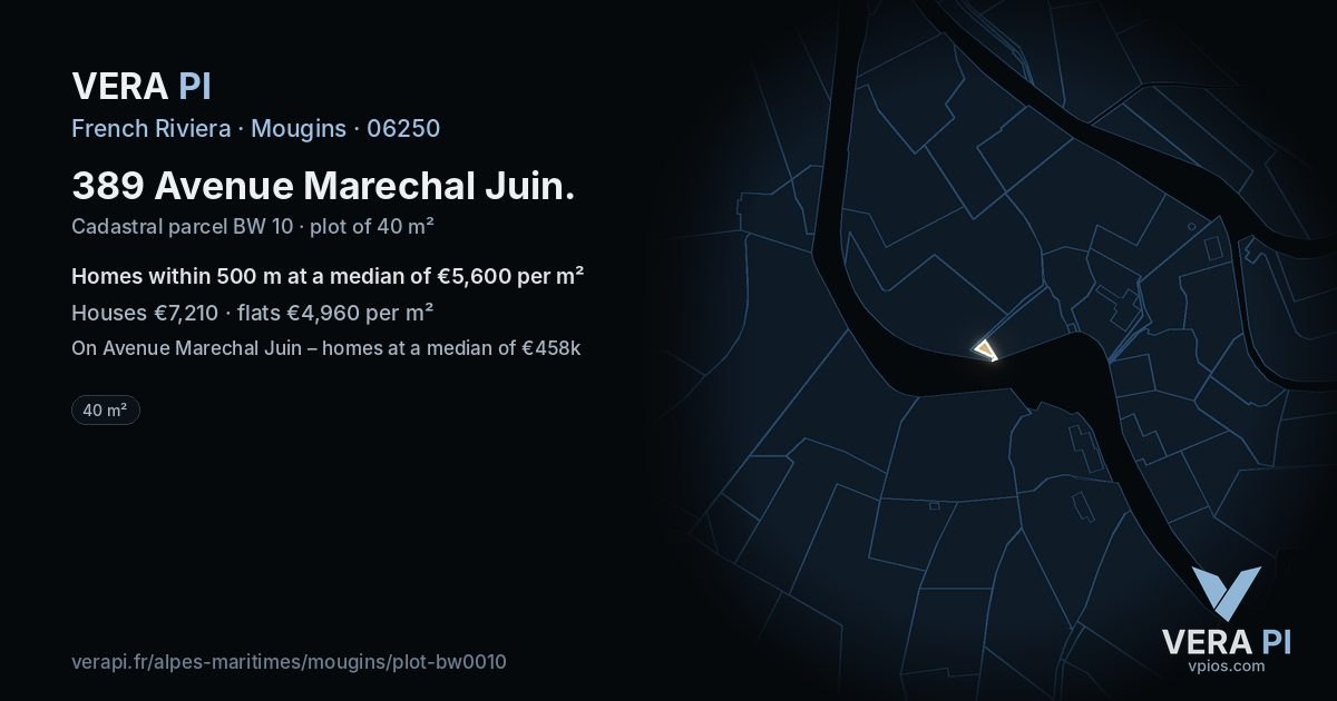 389 Avenue Marechal Juin, Mougins at night – the plot lit, the parcels around coloured by the prices near them
