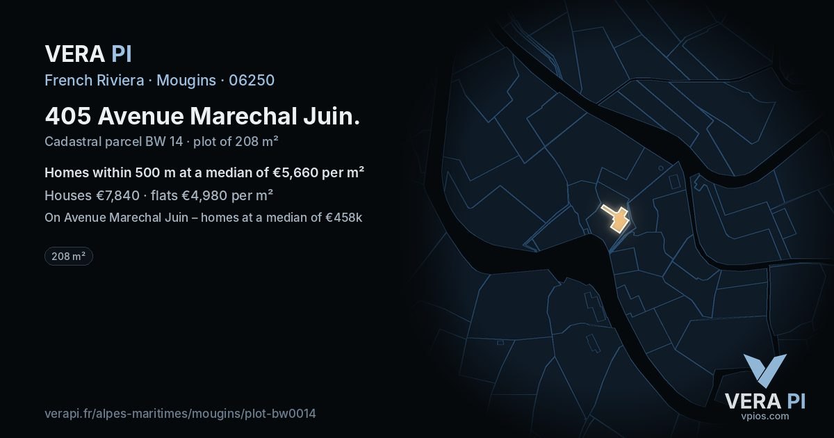 405 Avenue Marechal Juin, Mougins at night – the plot lit, the parcels around coloured by the prices near them