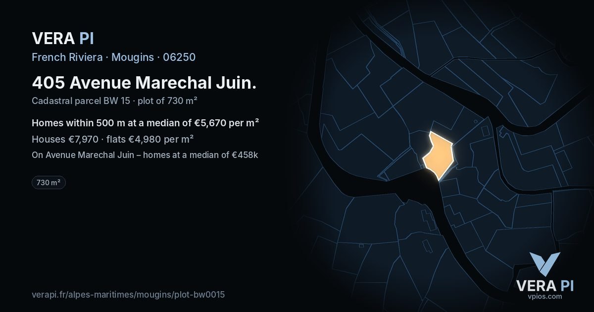 405 Avenue Marechal Juin, Mougins at night – the plot lit, the parcels around coloured by the prices near them