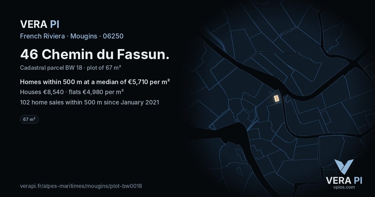 46 Chemin du Fassun, Mougins at night – the plot lit, the parcels around coloured by the prices near them