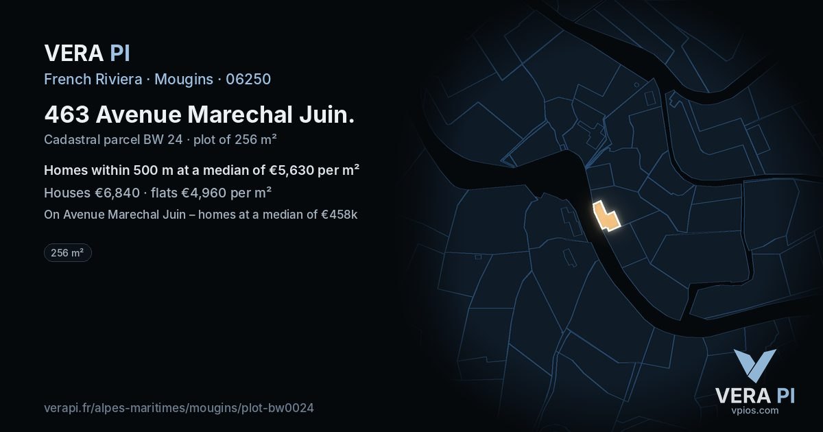 463 Avenue Marechal Juin, Mougins at night – the plot lit, the parcels around coloured by the prices near them