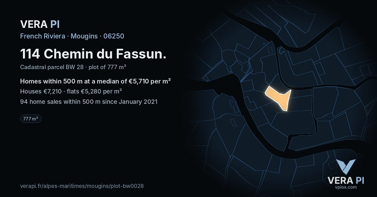 114 Chemin du Fassun, Mougins at night – the plot lit, the parcels around coloured by the prices near them