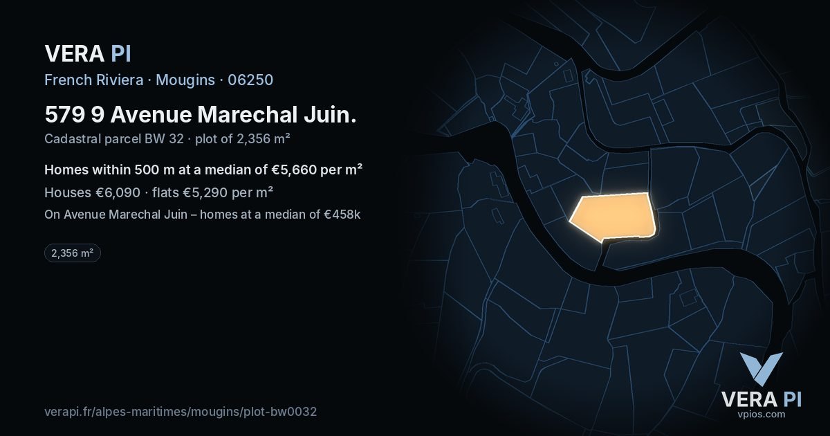 579 9 Avenue Marechal Juin, Mougins at night – the plot lit, the parcels around coloured by the prices near them