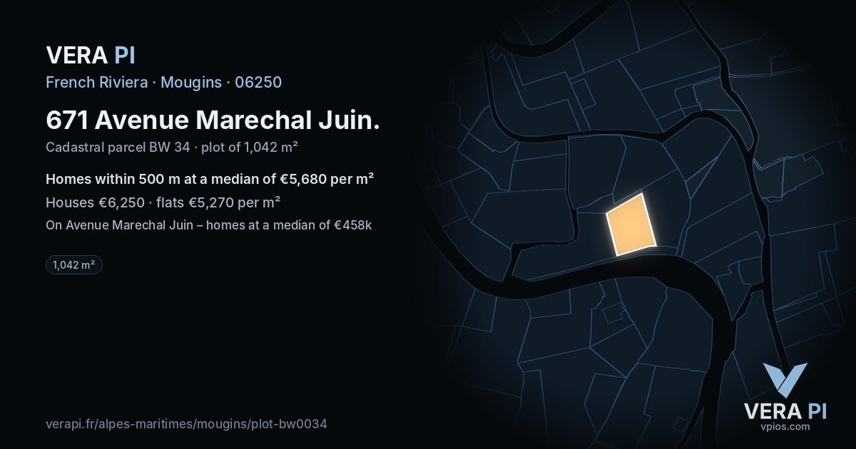 671 Avenue Marechal Juin, Mougins at night – the plot lit, the parcels around coloured by the prices near them