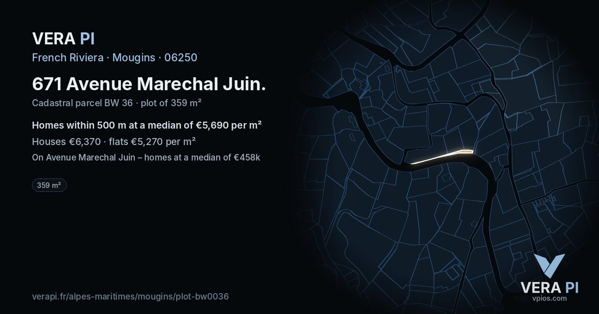 671 Avenue Marechal Juin, Mougins at night – the plot lit, the parcels around coloured by the prices near them