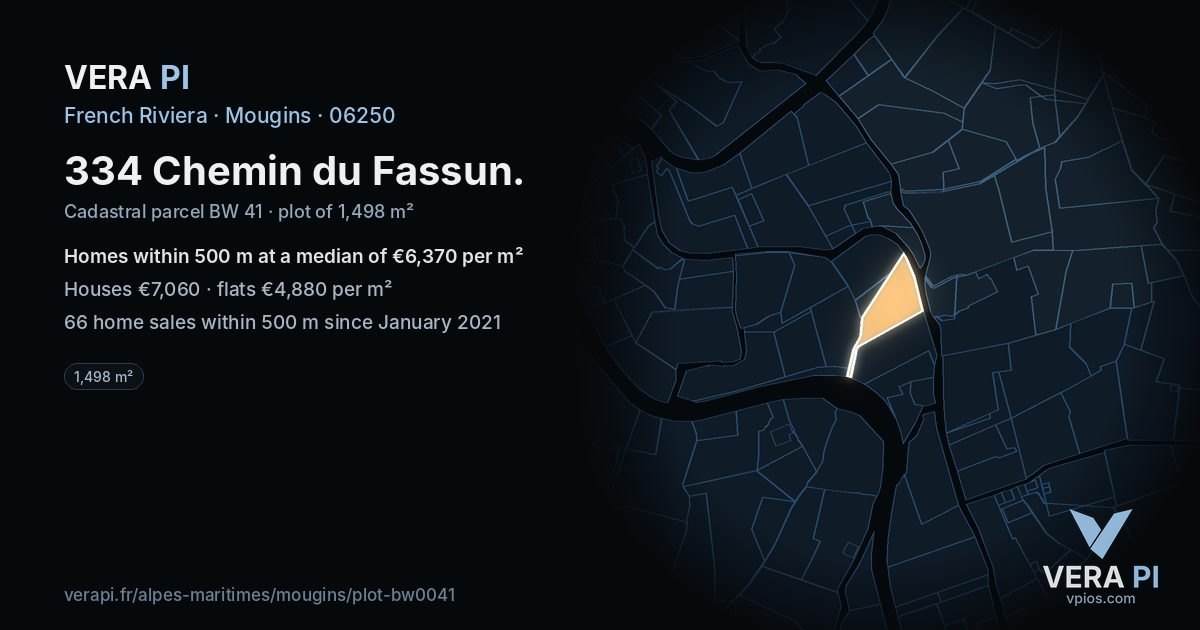 334 Chemin du Fassun, Mougins at night – the plot lit, the parcels around coloured by the prices near them
