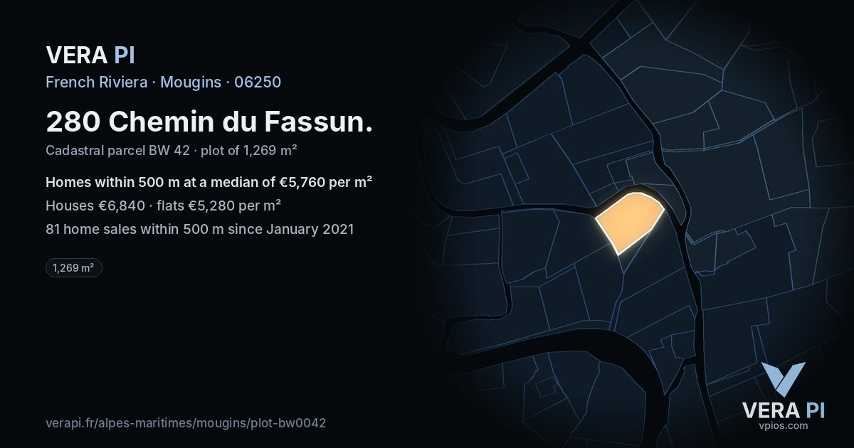 280 Chemin du Fassun, Mougins at night – the plot lit, the parcels around coloured by the prices near them