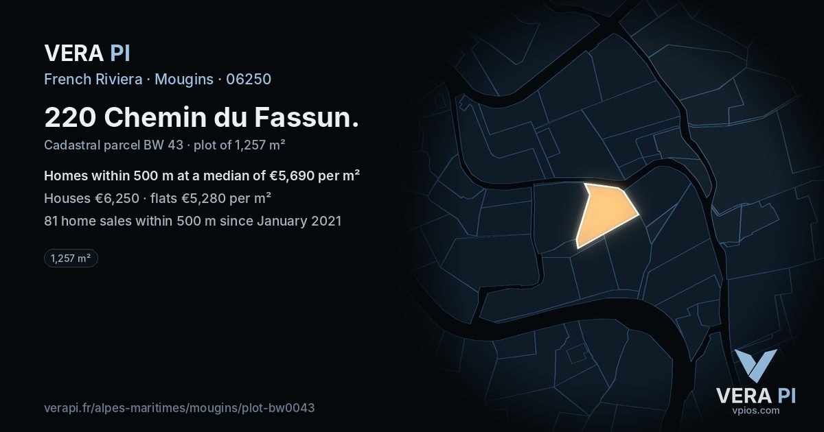 220 Chemin du Fassun, Mougins at night – the plot lit, the parcels around coloured by the prices near them