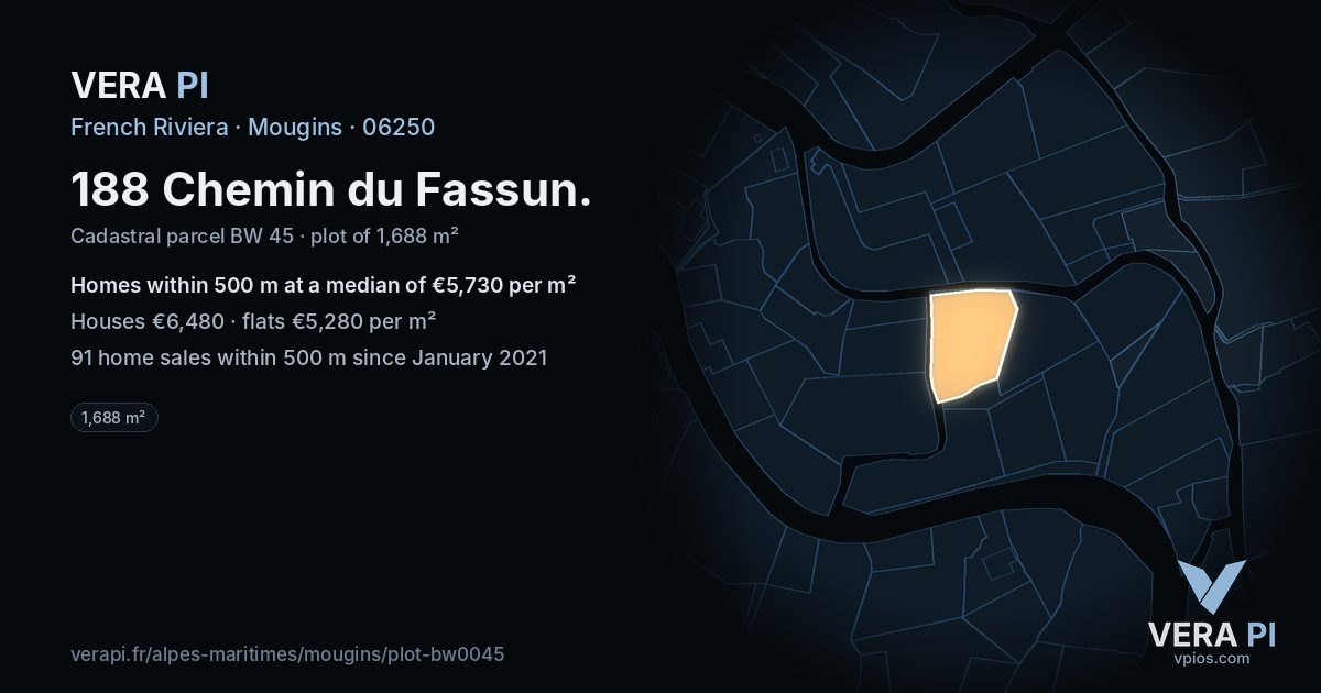 188 Chemin du Fassun, Mougins at night – the plot lit, the parcels around coloured by the prices near them