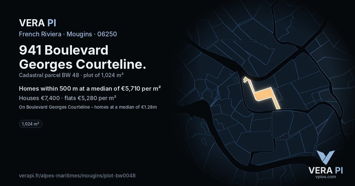 941 Boulevard Georges Courteline, Mougins at night – the plot lit, the parcels around coloured by the prices near them