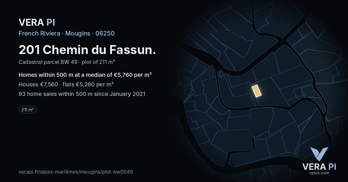 201 Chemin du Fassun, Mougins at night – the plot lit, the parcels around coloured by the prices near them