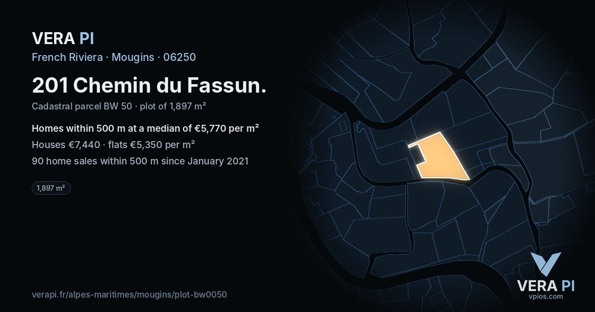 201 Chemin du Fassun, Mougins at night – the plot lit, the parcels around coloured by the prices near them