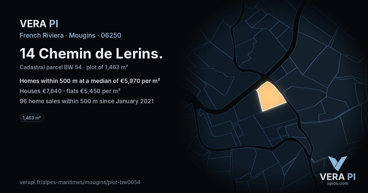 14 Chemin de Lerins, Mougins at night – the plot lit, the parcels around coloured by the prices near them
