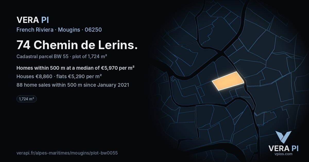74 Chemin de Lerins, Mougins at night – the plot lit, the parcels around coloured by the prices near them