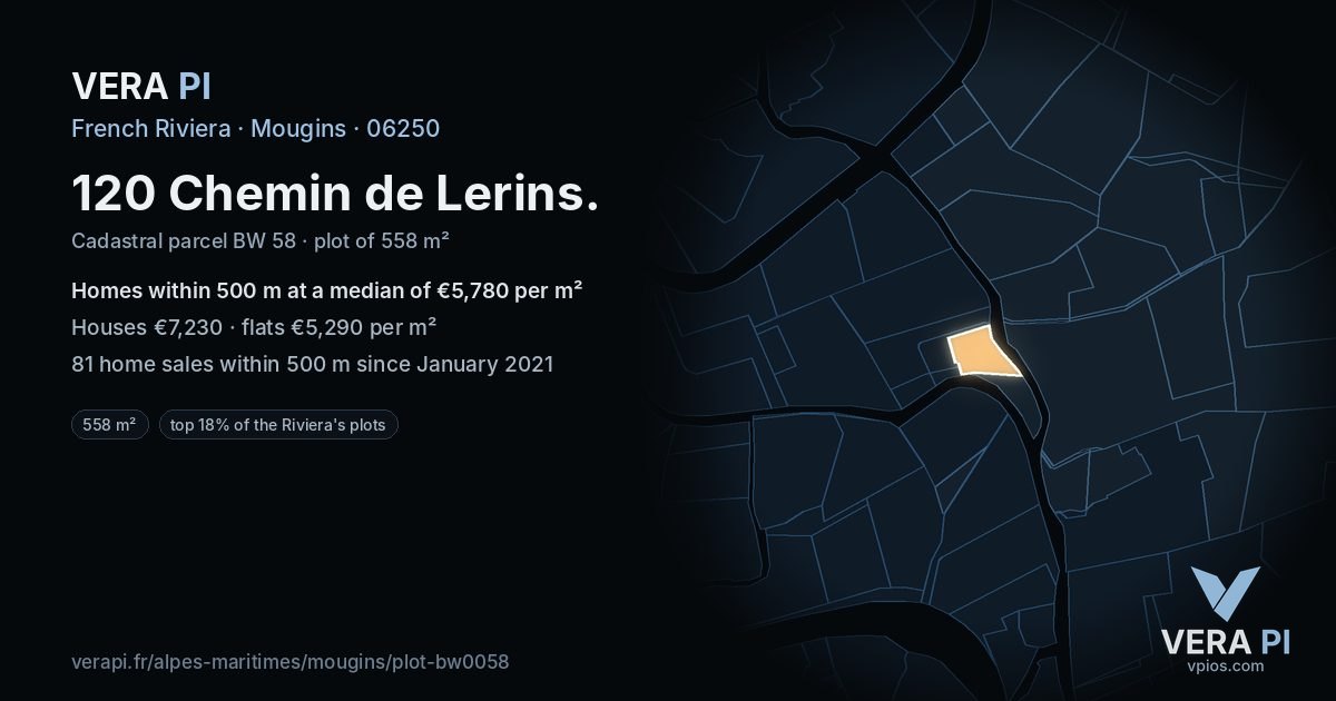 120 Chemin de Lerins, Mougins at night – the plot lit, the parcels around coloured by the prices near them