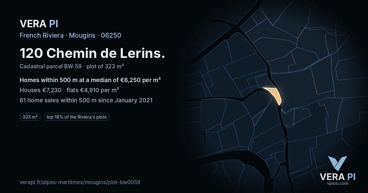120 Chemin de Lerins, Mougins at night – the plot lit, the parcels around coloured by the prices near them