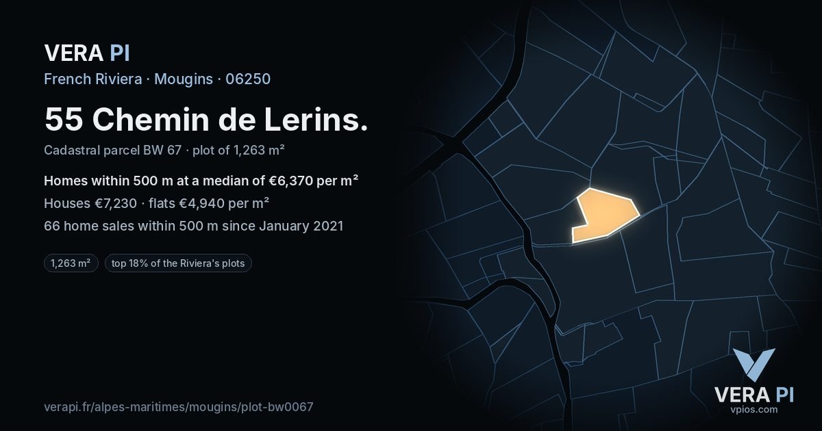 55 Chemin de Lerins, Mougins at night – the plot lit, the parcels around coloured by the prices near them
