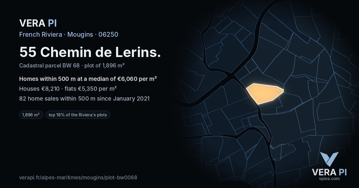 55 Chemin de Lerins, Mougins at night – the plot lit, the parcels around coloured by the prices near them