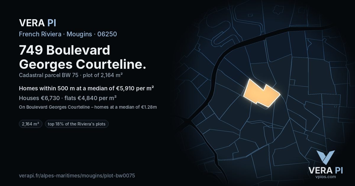 749 Boulevard Georges Courteline, Mougins at night – the plot lit, the parcels around coloured by the prices near them