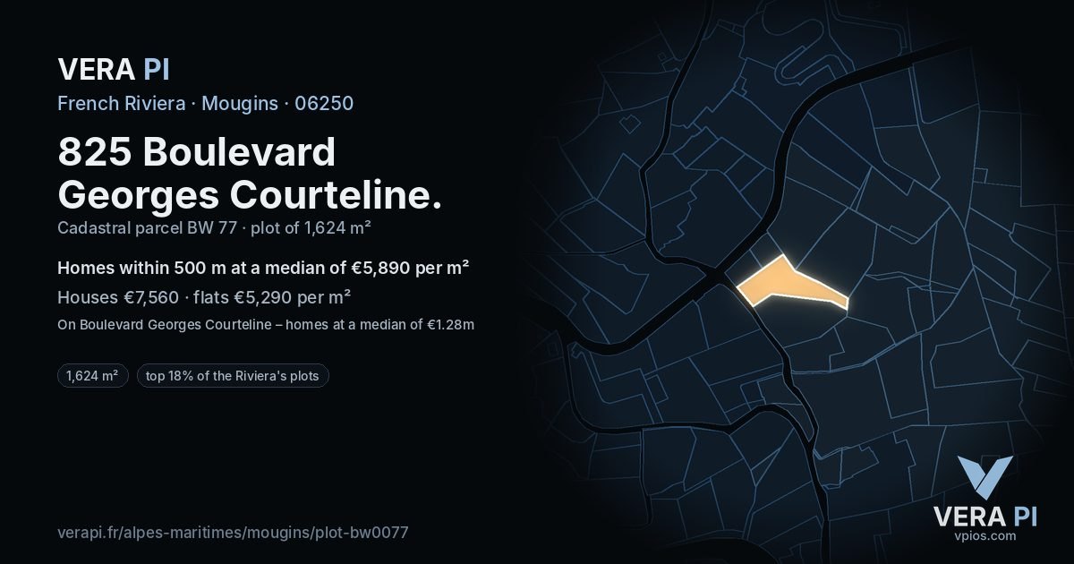 825 Boulevard Georges Courteline, Mougins at night – the plot lit, the parcels around coloured by the prices near them