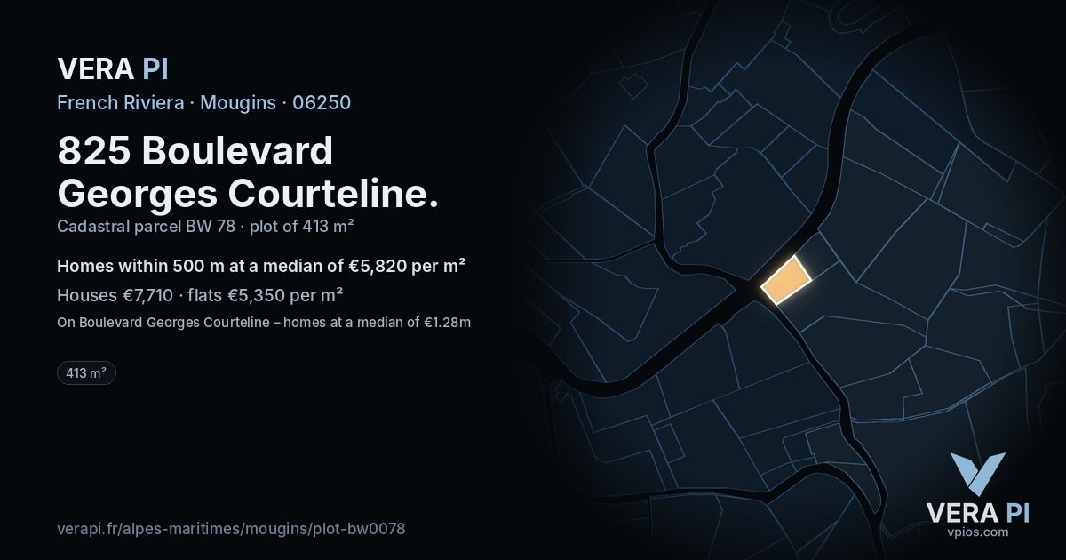 825 Boulevard Georges Courteline, Mougins at night – the plot lit, the parcels around coloured by the prices near them