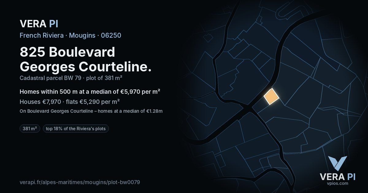 825 Boulevard Georges Courteline, Mougins at night – the plot lit, the parcels around coloured by the prices near them