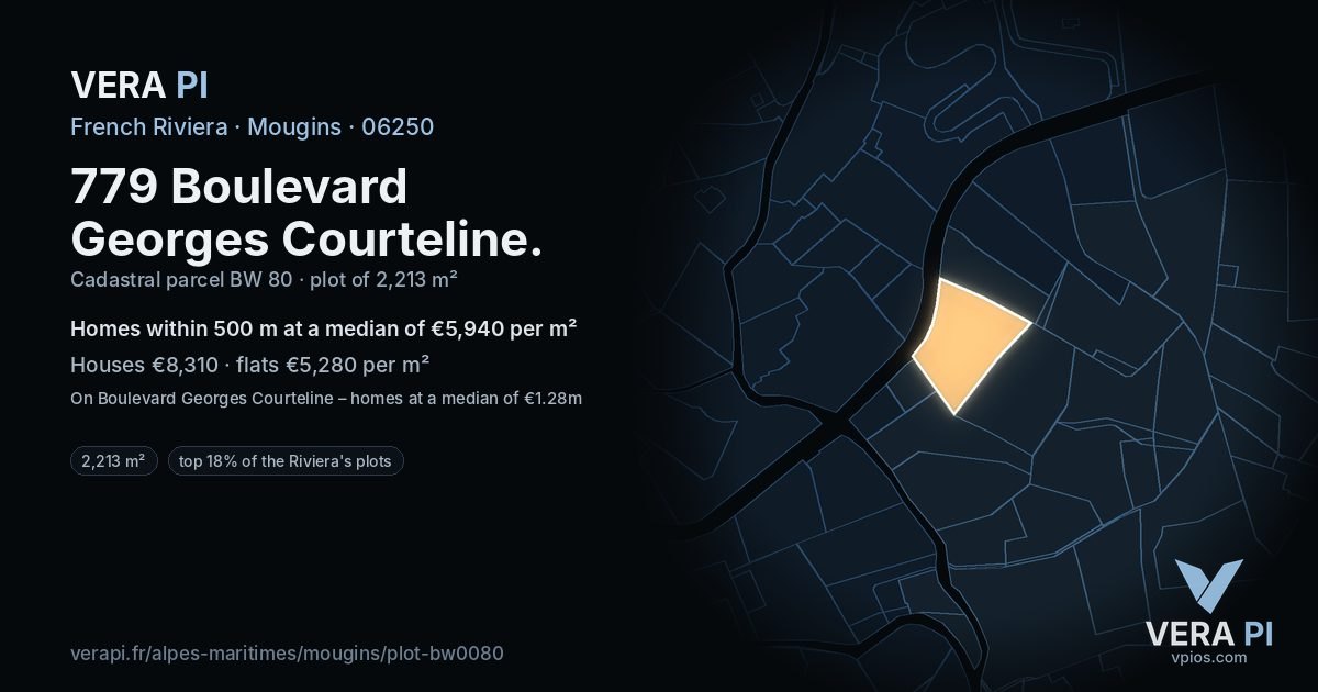 779 Boulevard Georges Courteline, Mougins at night – the plot lit, the parcels around coloured by the prices near them
