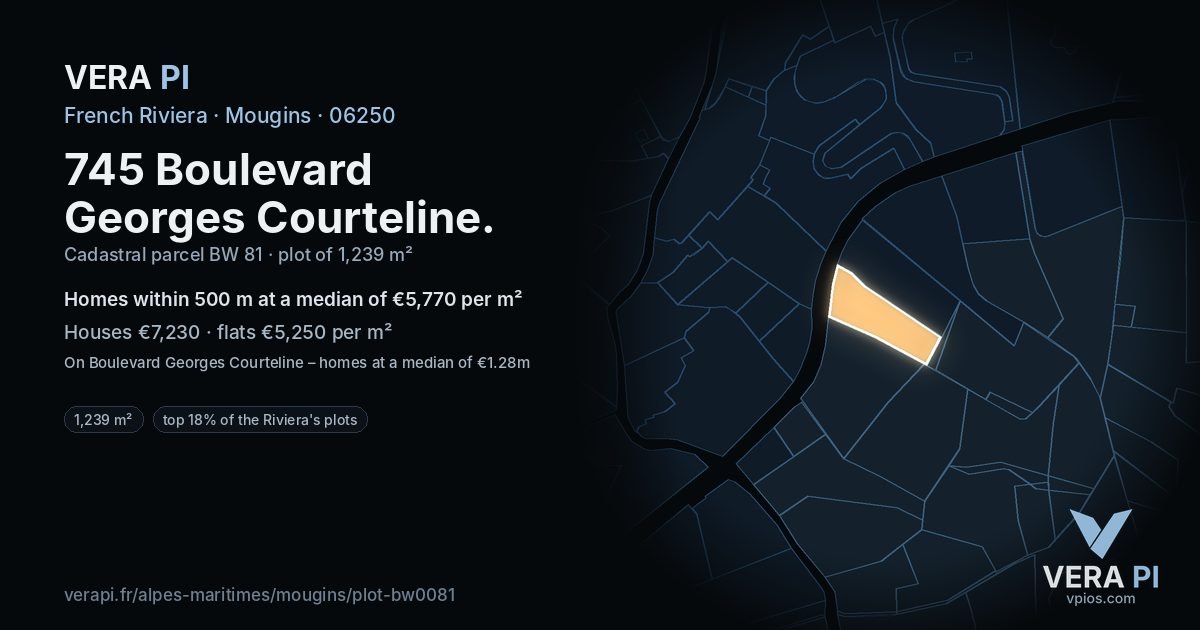 745 Boulevard Georges Courteline, Mougins at night – the plot lit, the parcels around coloured by the prices near them