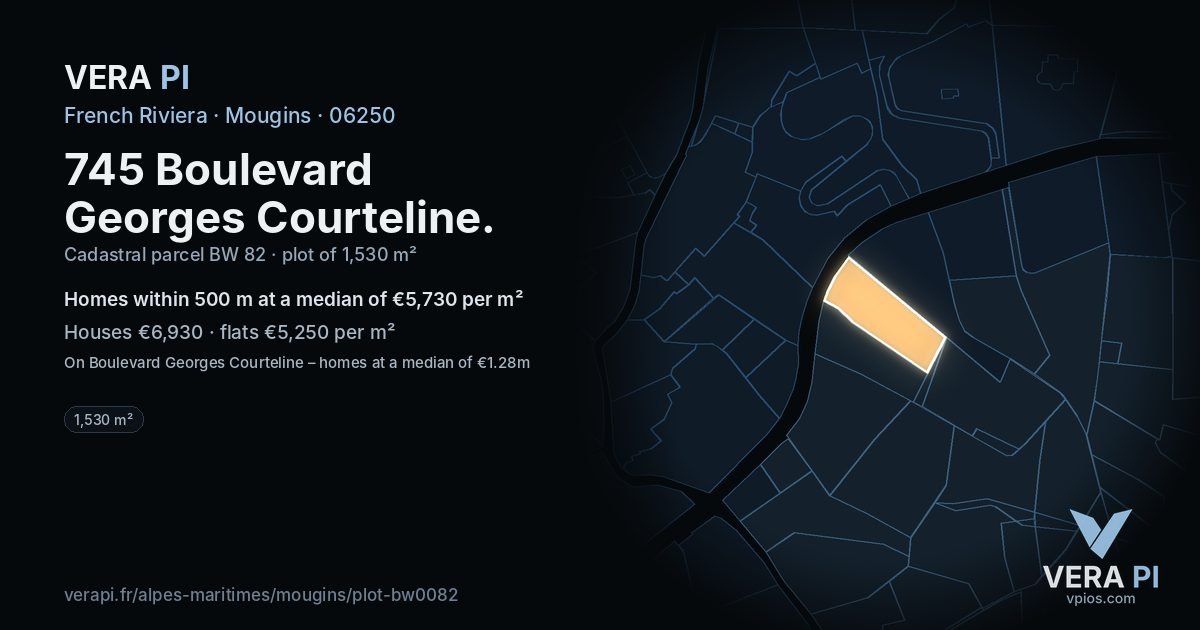 745 Boulevard Georges Courteline, Mougins at night – the plot lit, the parcels around coloured by the prices near them