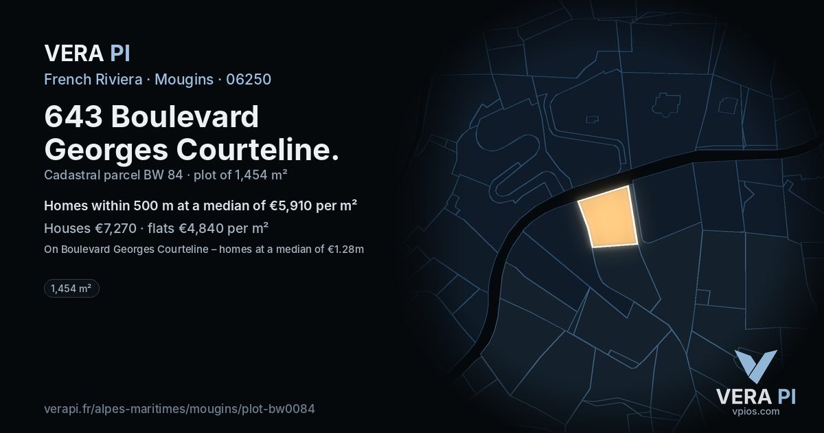 643 Boulevard Georges Courteline, Mougins at night – the plot lit, the parcels around coloured by the prices near them
